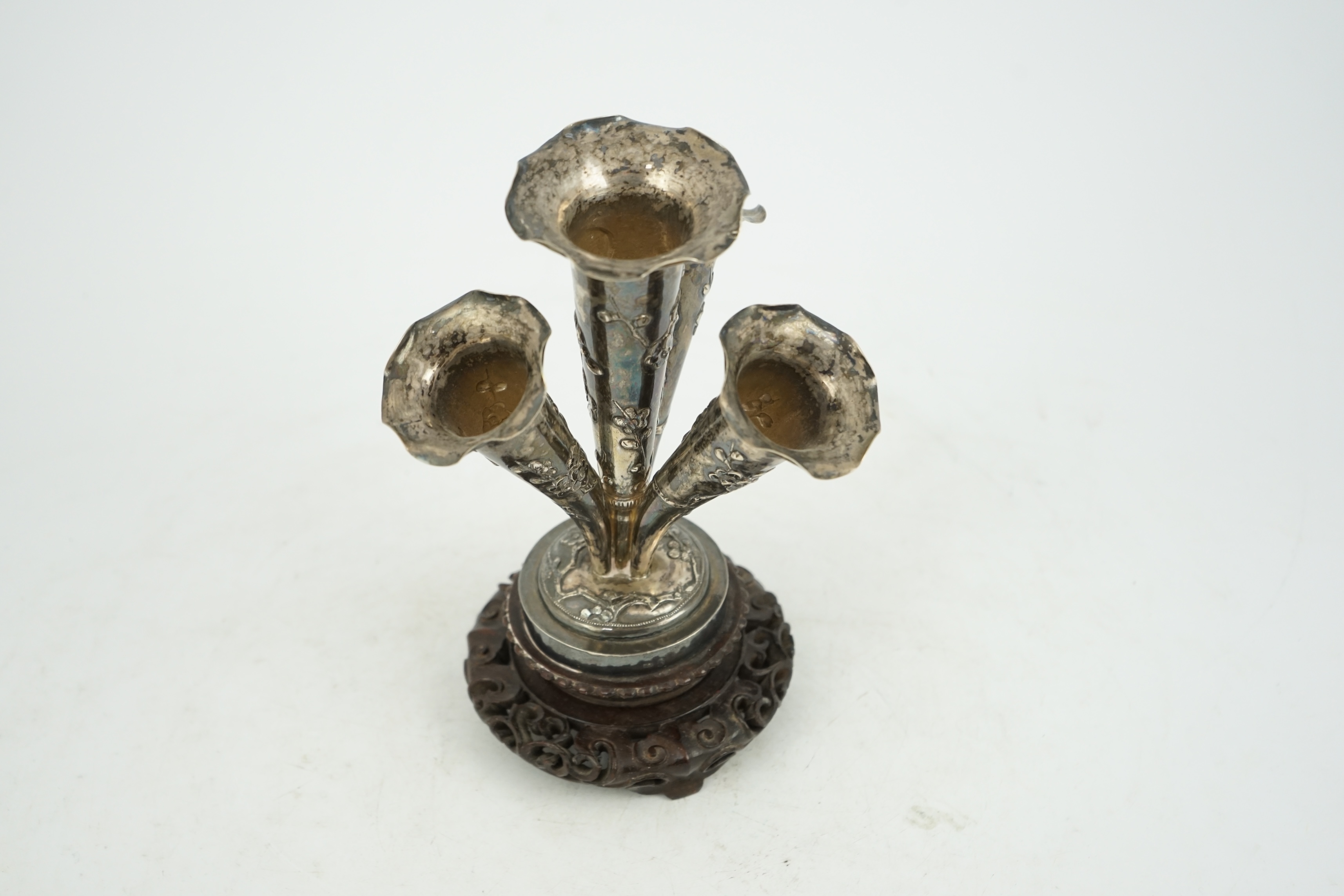 A Chinese export silver quadruple trumpet vase centrepiece, c.1900-1910